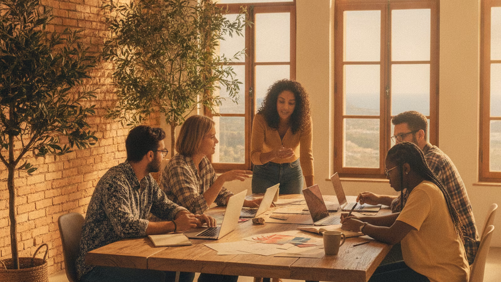 L'équipe de Terra del Sole Vivo qui collabore autour d'une table ensoleillée dans un bureau de style méditerranéen