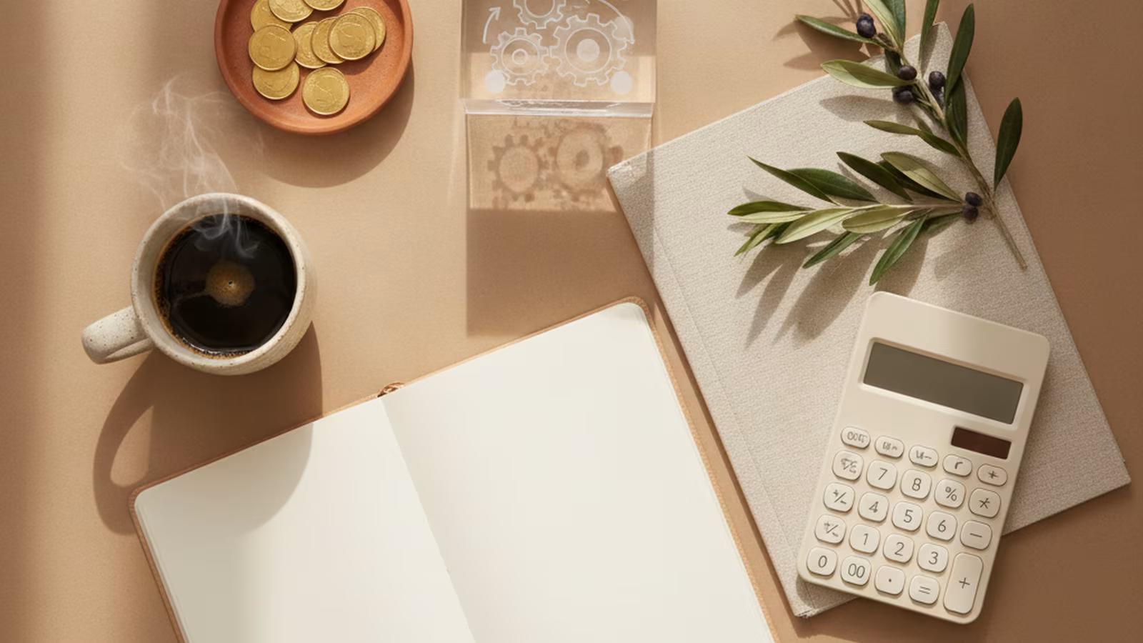 Bureau bien rangé vu de haut avec espresso, pièces et carnet, symbole d'une entreprise transparente
