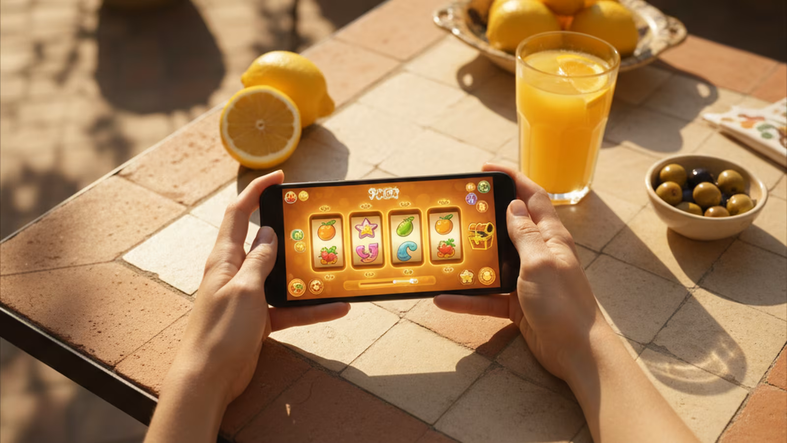 Smartphone with a colourful casino game on a sunny café table