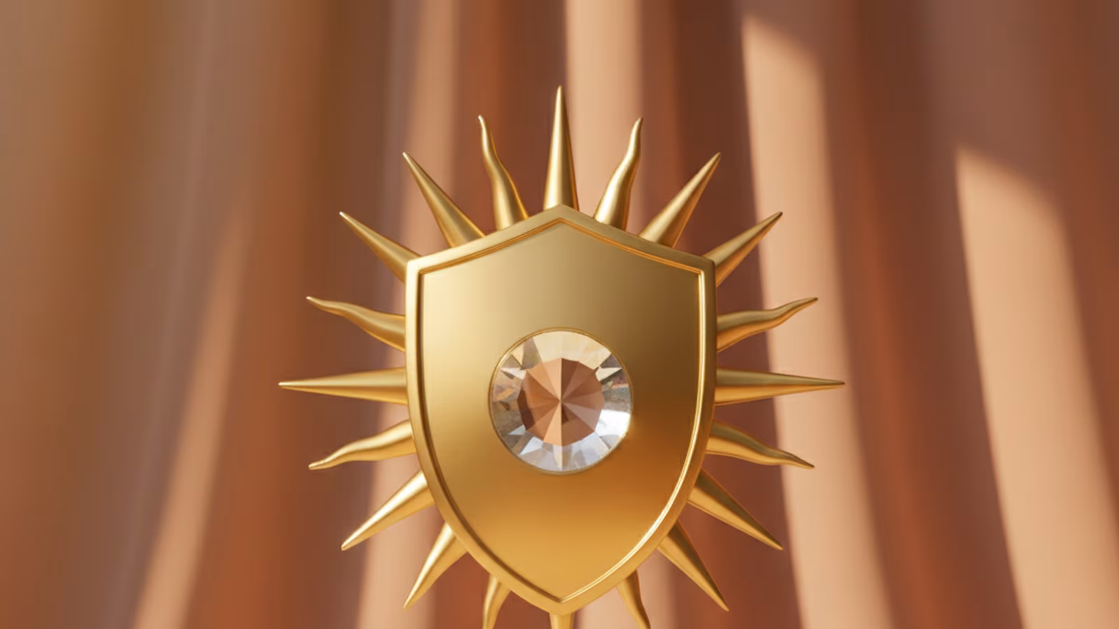 Golden shield-shaped sun ornament on a cream marble pedestal