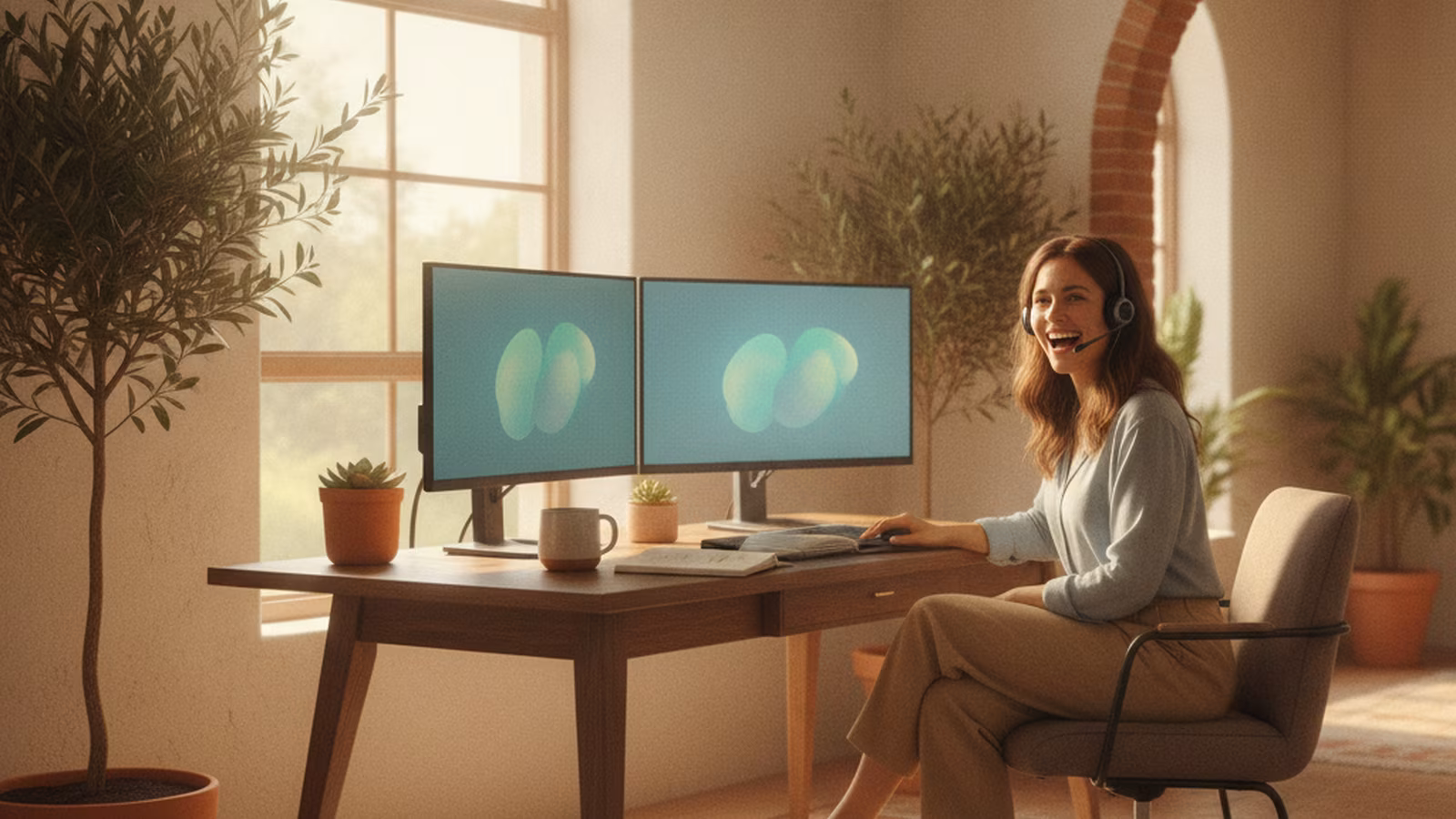 Spécialiste du soutien souriante avec un casque d'écoute à un bureau ensoleillé