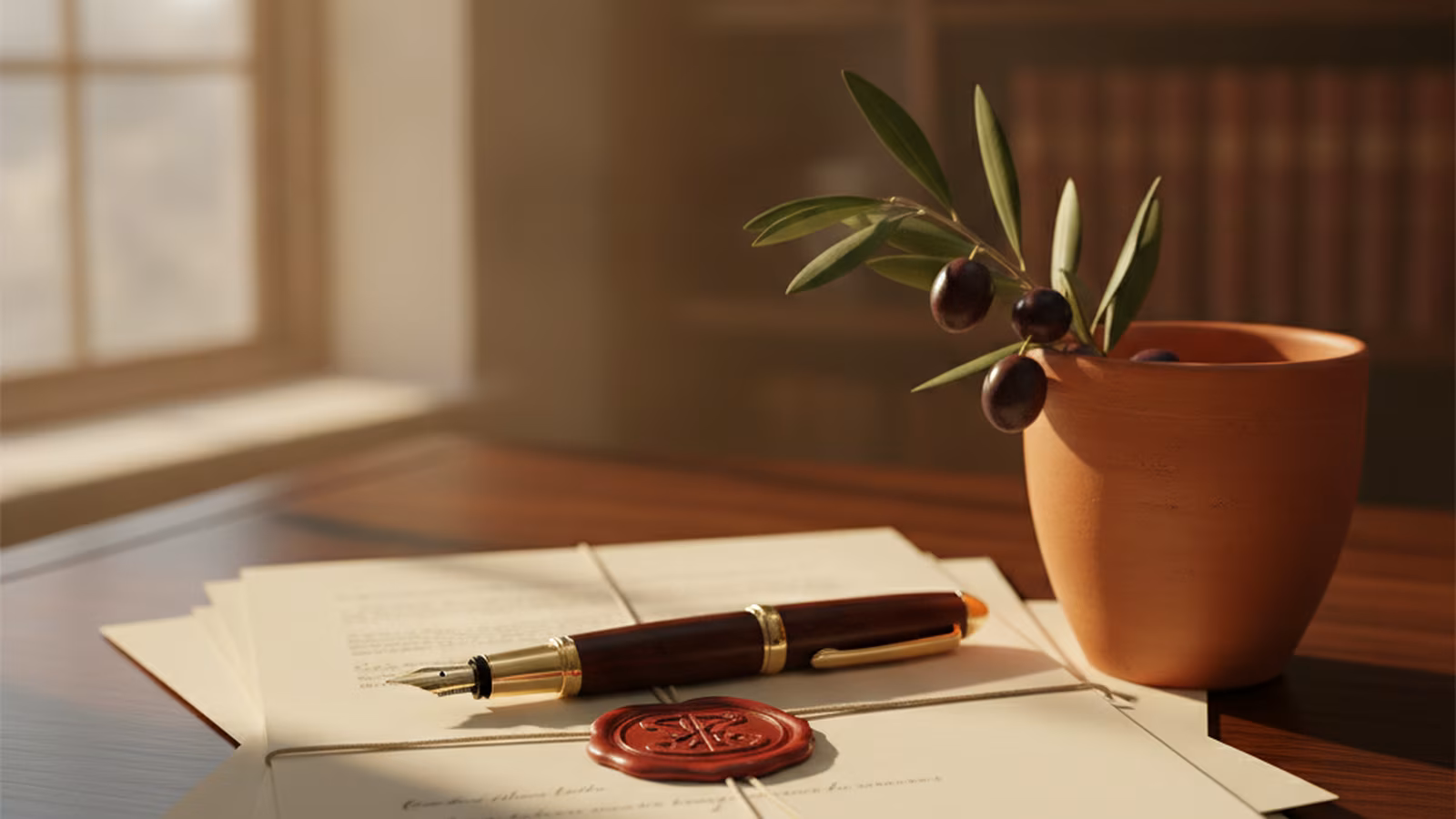 Fountain pen on neatly stacked documents in warm window light