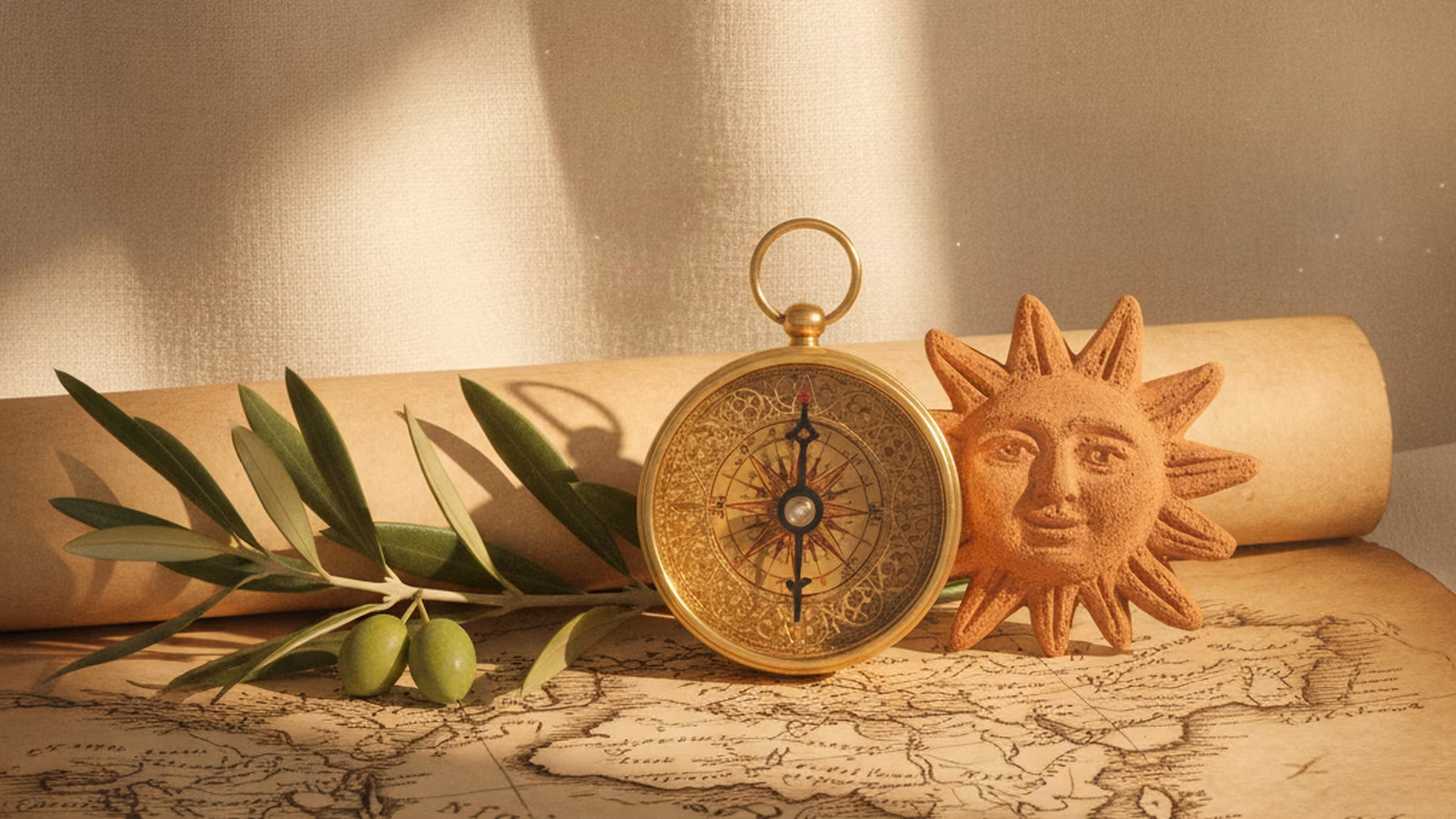 Golden compass on a weathered map beside an olive branch, symbolising purpose