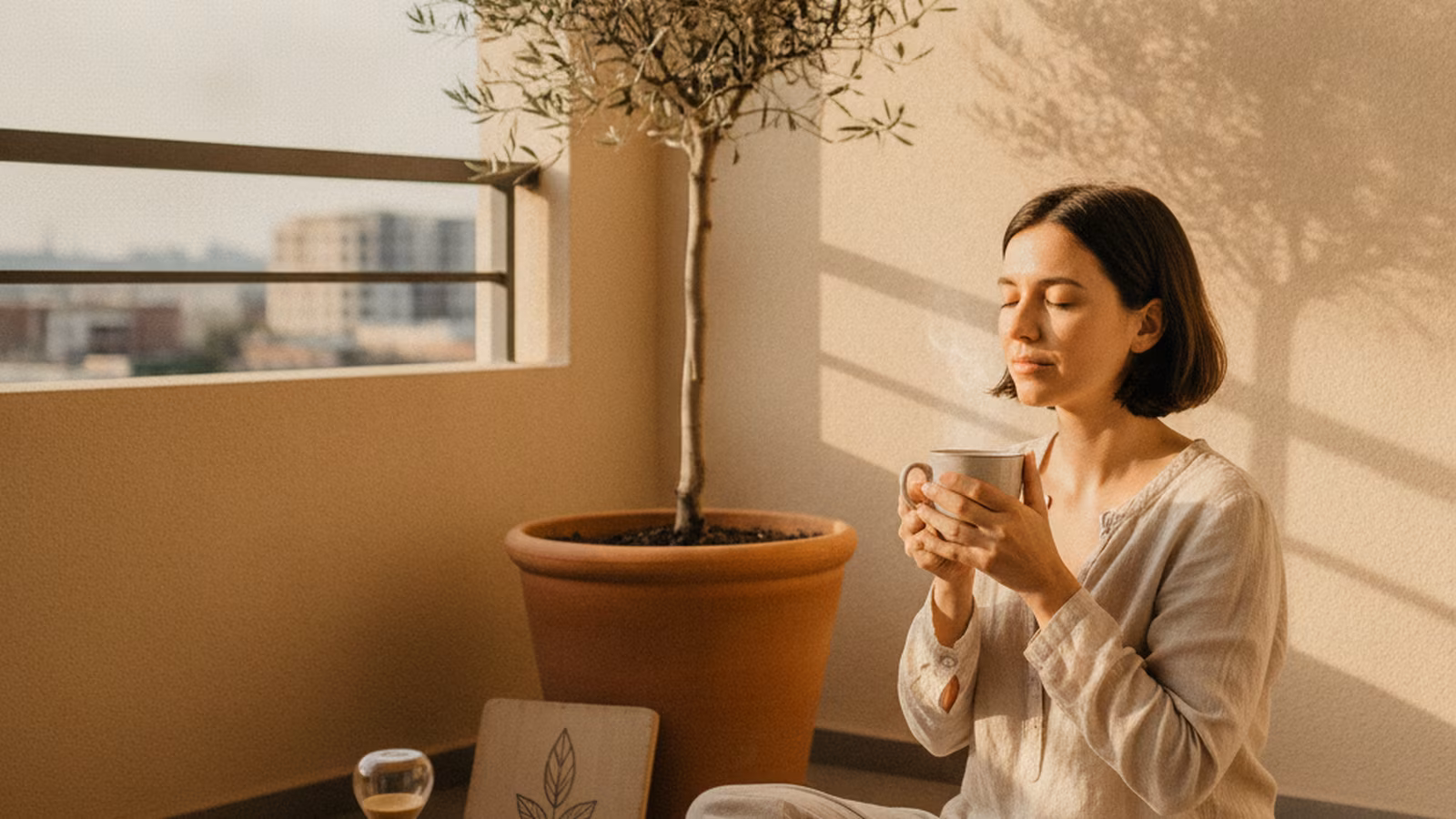 Person relaxing on a sunny balcony with tea, phone laid face-down beside an hourglass