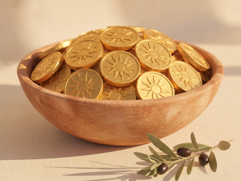 Terracotta bowl full of golden Sun Coins in midday light