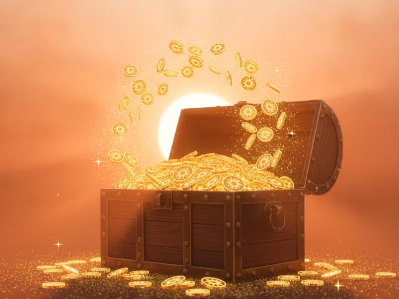 Treasure chest overflowing with radiant Sun Coins at sunset