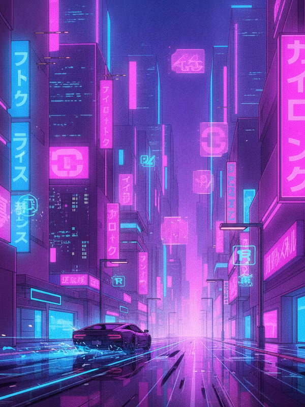Couverture du jeu Night City avec des rouleaux néon lumineux