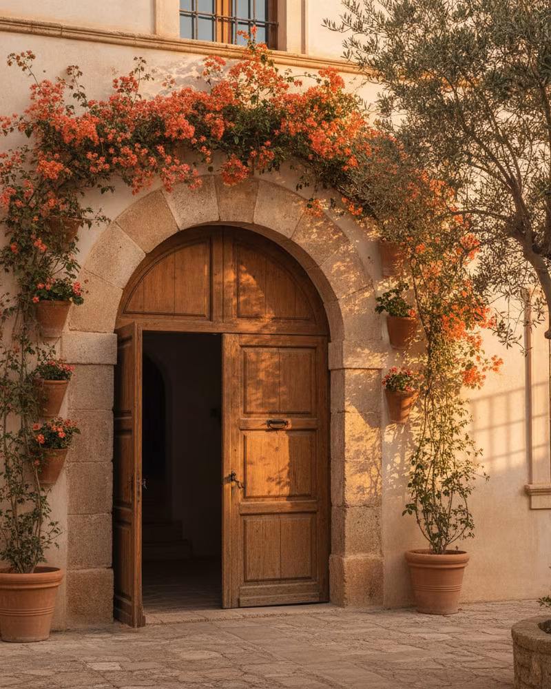 Sunlit Mediterranean courtyard with an arched doorway and bougainvillea